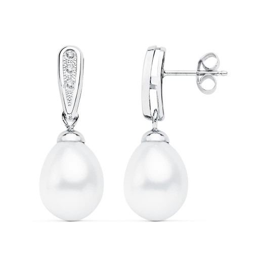 18K PENDIENTES ORO BLANCO DE NOVIA CON PERLA 24X9 MM CIERRE PRESION