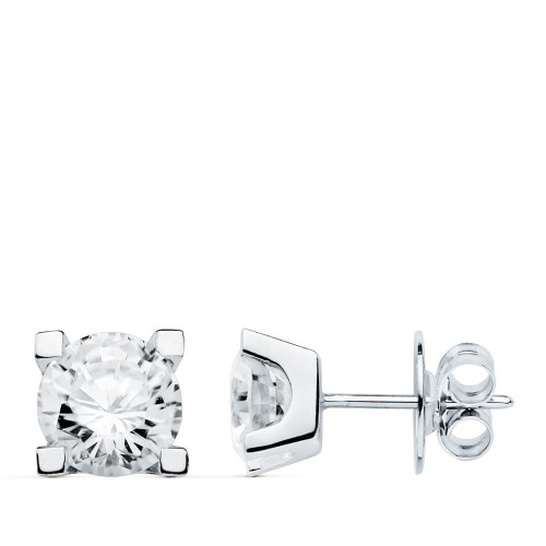 18K PENDIENTES ORO BLANCO 4 GARRAS CIRCONITA 7X7 CIERRE PRESION