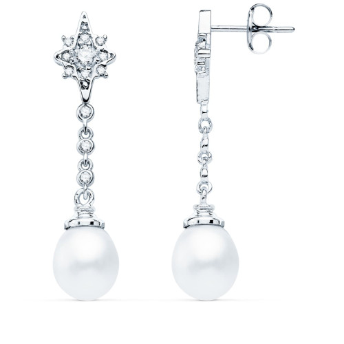18K PENDIENTES LARGOS ORO BLANCO PERLA Y CIRCONITA 37X7 MM CIERRE PRESION
