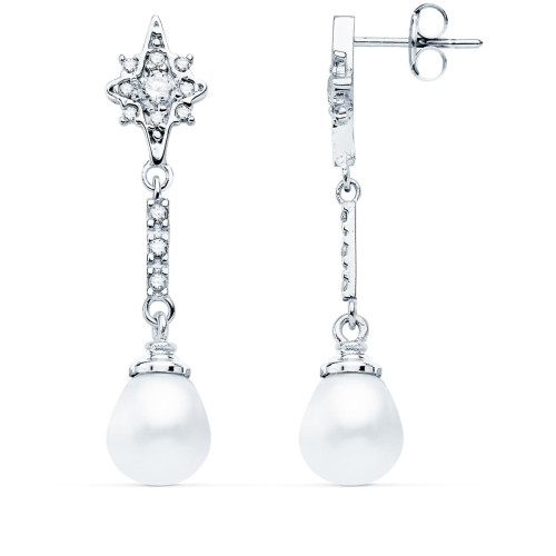 18K PENDIENTES LARGOS ORO BLANCO PERLA Y CIRCONITA 36X8 MM CIERRE PRESION