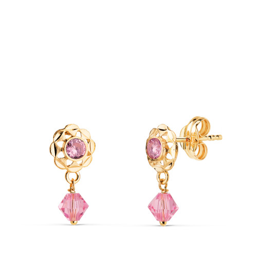 18K PENDIENTES ORO AMARILLO CUBANAS CON CIRCONITAS ROSAS. MEDIDA: 14 X 6,5 MM CIERRE PRESION