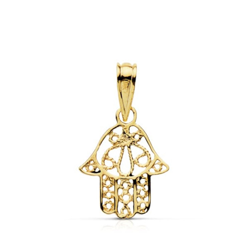 18K COLGANTE AMULETO ORO AMARILLO MANO DE FATIMA 14X11 MM