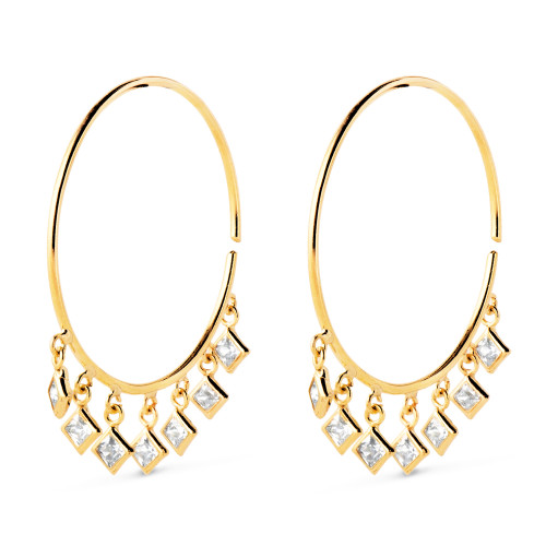 18K AROS ORO AMARILLO ABIERTOS CON HILO 0.75MM CON COLGANTES DE CIRCONITAS. ANCHO 20MM