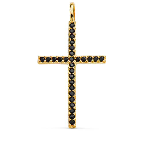 18K CRUZ ORO AMARILLO CON CIRCONITA NEGRAS 37 X 19 MM. ANILLA FIJA