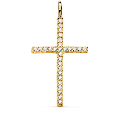 18K CRUZ ORO AMARILLO CON CIRCONITA BLANCAS 37 X 19 MM. ANILLA FIJA
