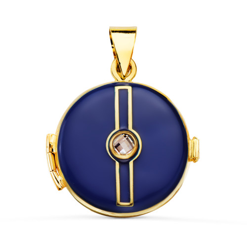 18K COLGANTE ORO AMARILLO GUARDAPELO DIJE  PORTAFOTOS REDONDO ESMALTE AZUL CIRCONITA 4MM. MEDIDA: 21 MM