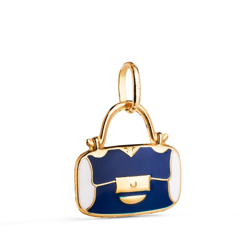 18K COLGANTE ORO AMARILLO BOLSO CON ESMALTE AZUL Y BLANCO. MEDIDA: 14 X 13 MM
