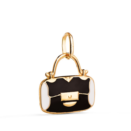 18K COLGANTE ORO AMARILLO BOLSO CON ESMALTE NEGRO Y BLANCO. MEDIDA: 14 X 13 MM