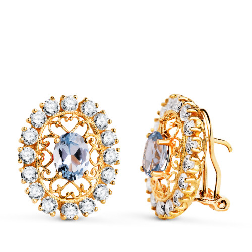 18K PENDIENTES ORO AMARILLO PIEDRA AGUAMARINA 7X5 MM CON CIRCONITAS. MEDIDA: 19X16 MM. CIERRE OMEGA