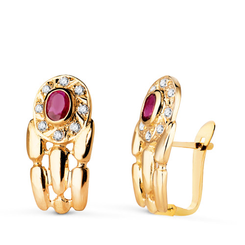 18K PENDIENTES ORO AMARILLO PANTER CON RUBÍ Y CIRCONITAS. 16 X 8 MM. CIERRE CATALAN