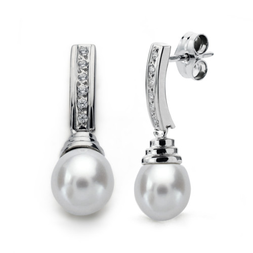 9K PENDIENTES ORO BLANCO PERLA 24X7 MM CIERRE PRESION