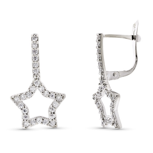 9K PENDIENTES ORO BLANCO DOBLE CUERPO ESTRELLA 20X12 MM CIERRE CATALAN