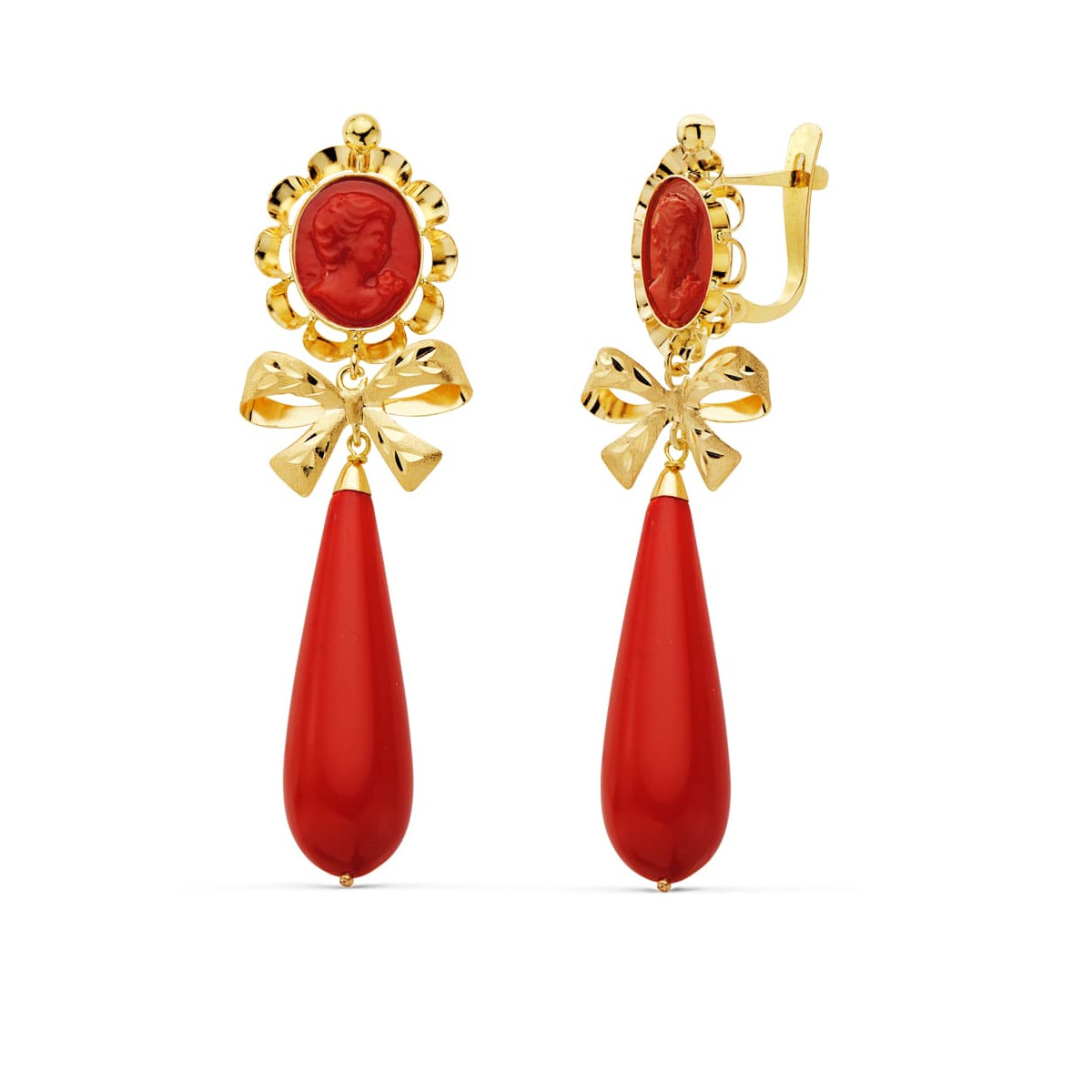18K PENDIENTES CUBANAS ORO AMARILLO CAMAFEO LAZO CORALINA 62X18 MM CIERRE CATALAN