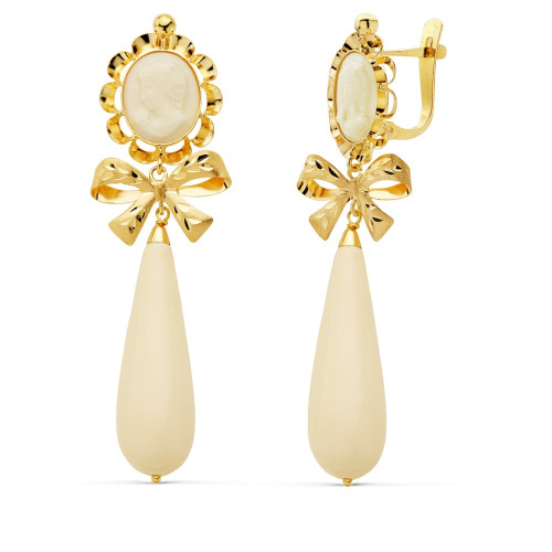 18K PENDIENTES CUBANAS ORO AMARILLO CAMAFEO LAZO MARFIL 62X18 CIERRE CATALAN