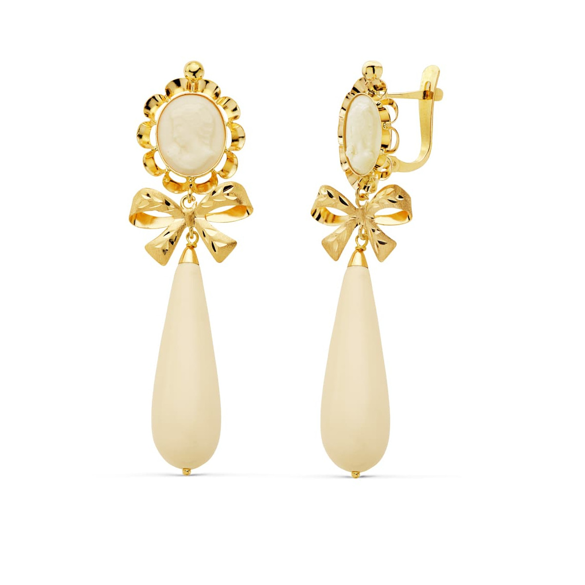 18K PENDIENTES CUBANAS ORO AMARILLO CAMAFEO LAZO MARFIL 62X18 CIERRE CATALAN