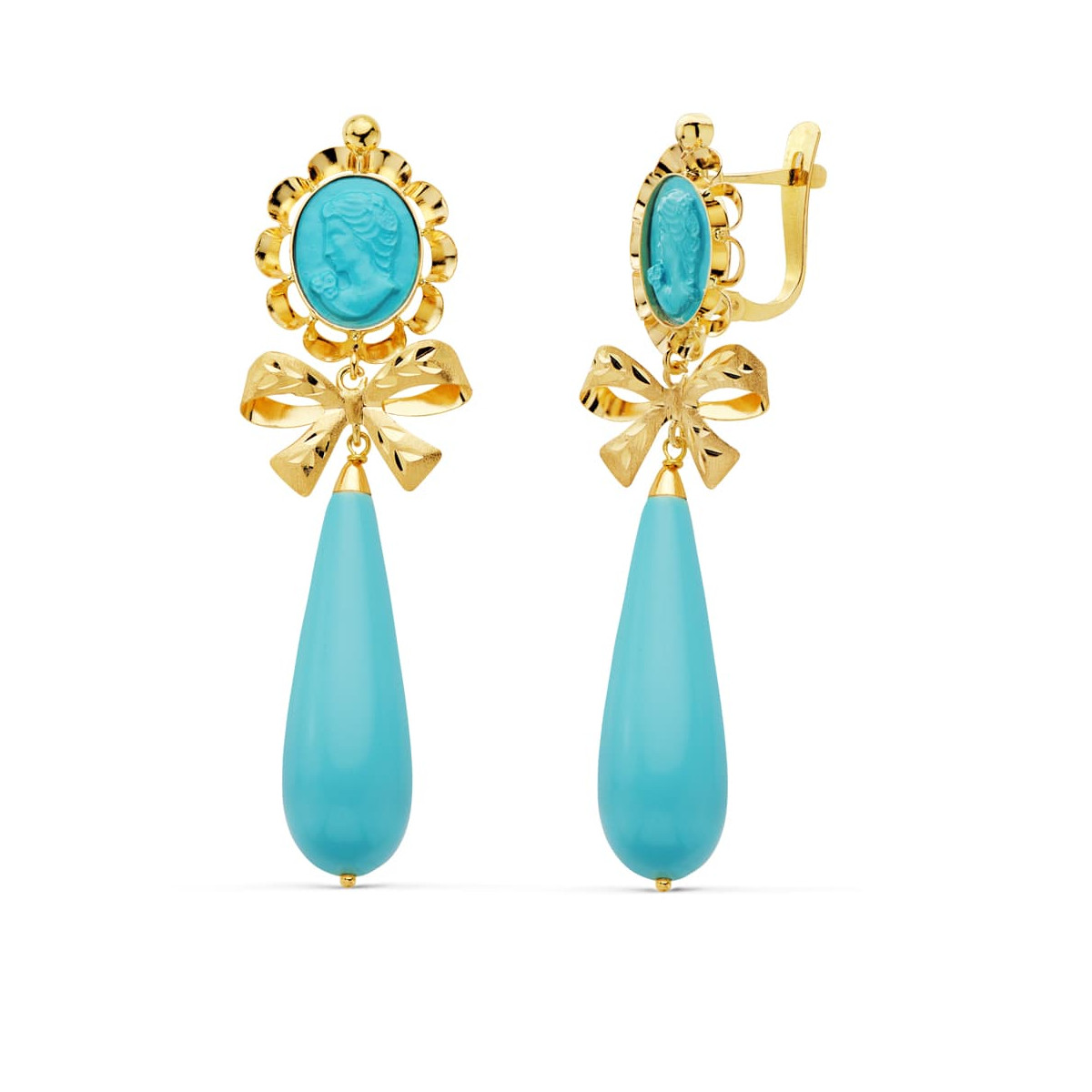 18K PENDIENTES CUBANAS ORO AMARILLO CAMAFEO LAZO TURQUESA 62X18 MM CIERRE CATALAN
