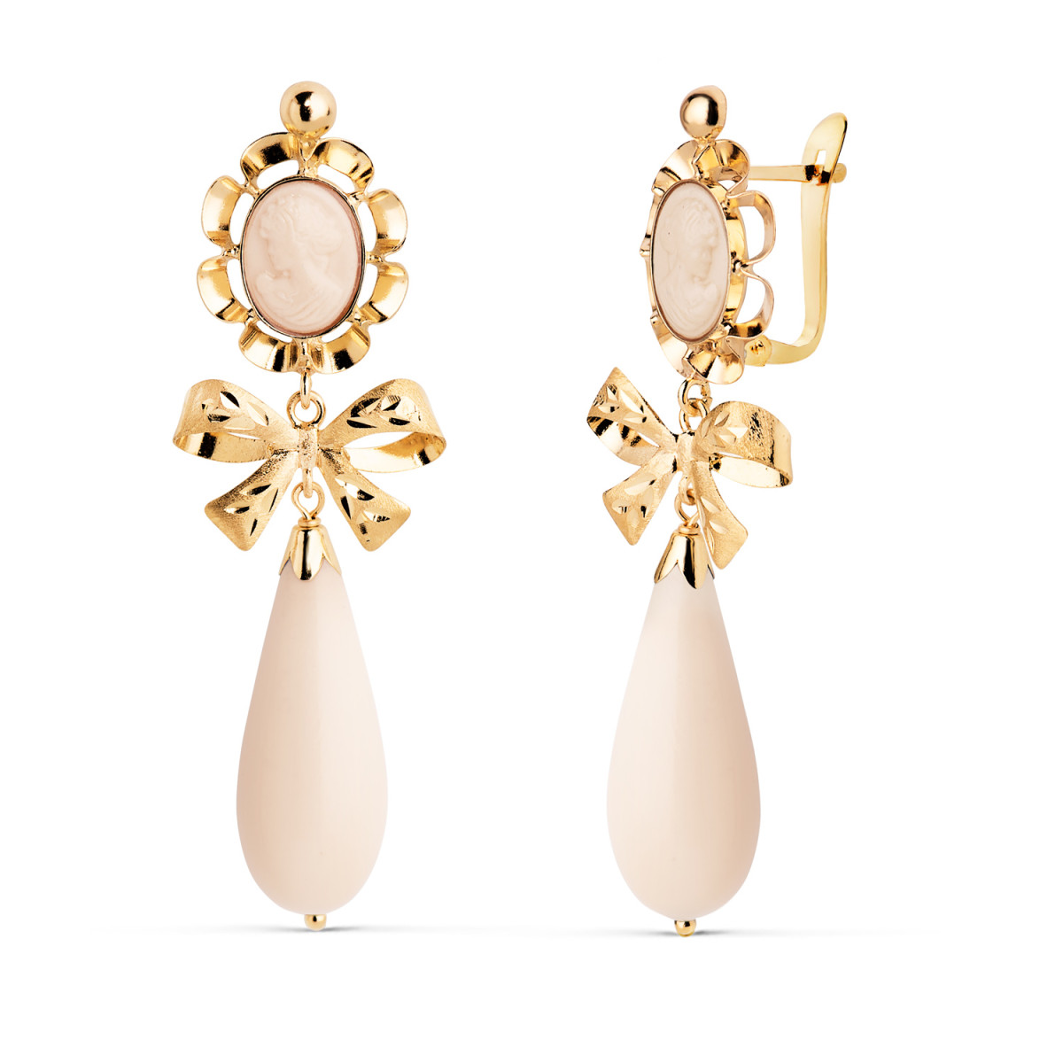 18K PENDIENTES CUBANAS ORO AMARILLO MARFIL CAMAFEO 42X13 MM. CIERRE CATALAN