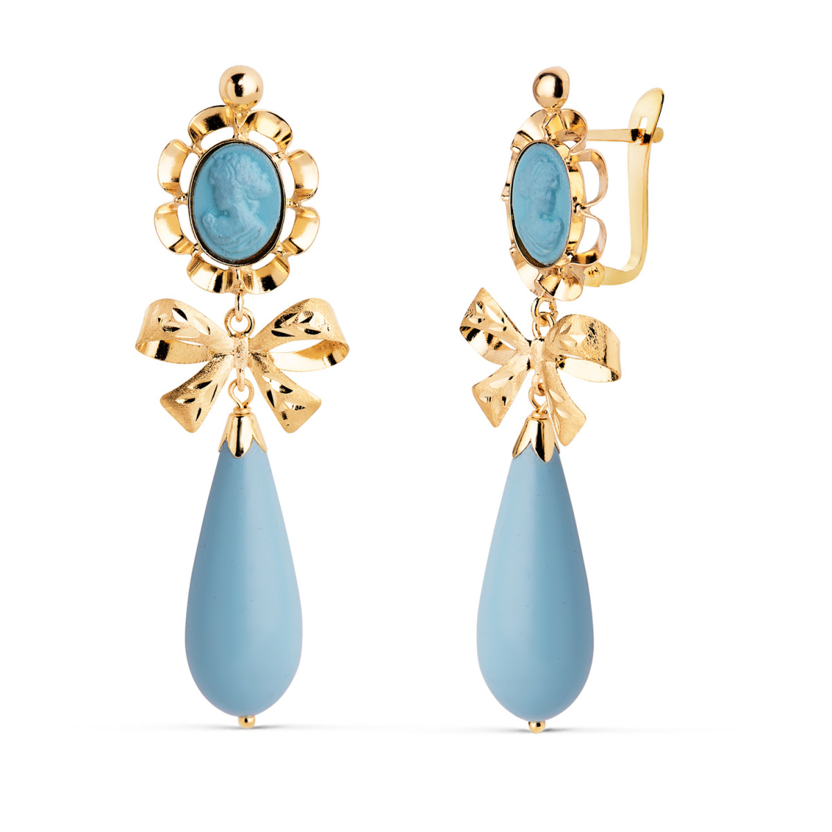 18K PENDIENTES CUBANAS ORO AMARILLO TURQUESA CAMAFEO 42X13 MM. CIERRE CATALÁN