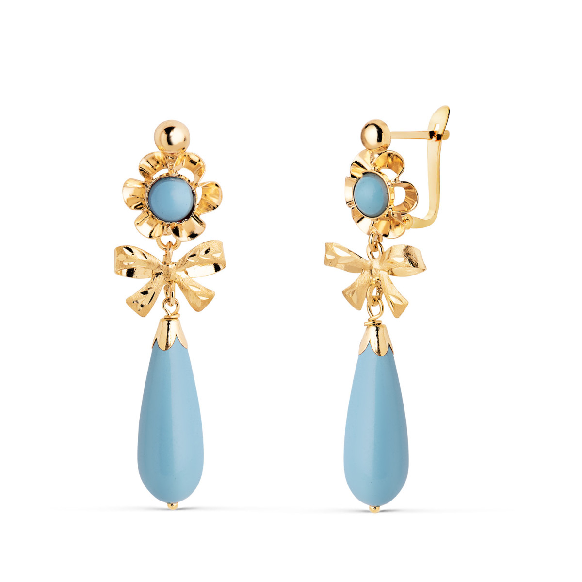 18K PENDIENTES CUBANAS ORO AMARILLO LAZO TURQUESAS. MEDIDA: 33X10 MM. CIERRE CATALAN