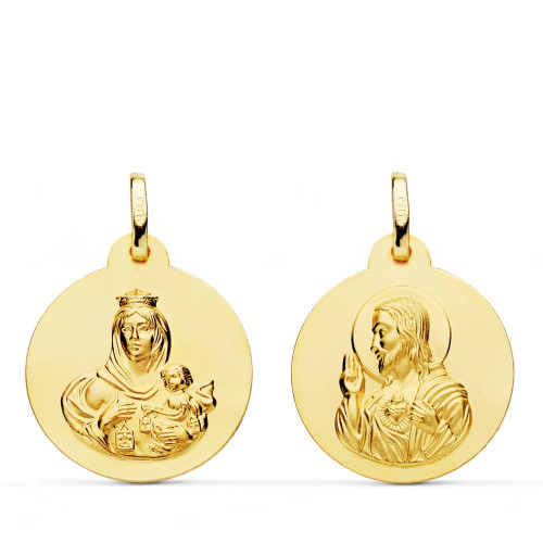18K ESCAPULARIO ORO AMARILLO LISO VIRGEN DEL CARMEN CORAZON DE JESUS 20 MM
