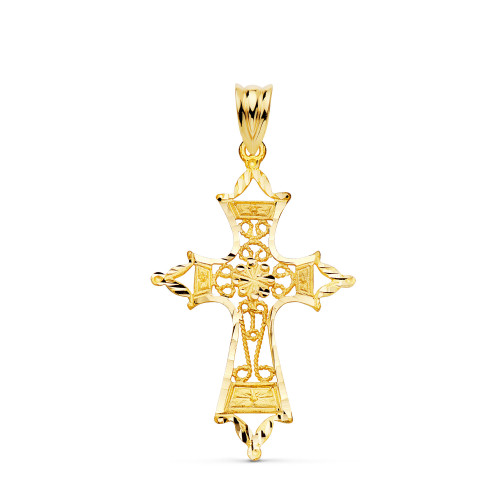 18K CRUZ ORO AMARILLO FILIGRANA BORDES TALLADOS. 37X25 MM