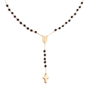 18K ROSARIO ORO AMARILLO CON BOLAS ONIX 4 MM , MILAGROSA 13X9 MM Y CRUZ BRILLO 19X12 MM. CADENA 60 CM. TRAMO: 9 CM