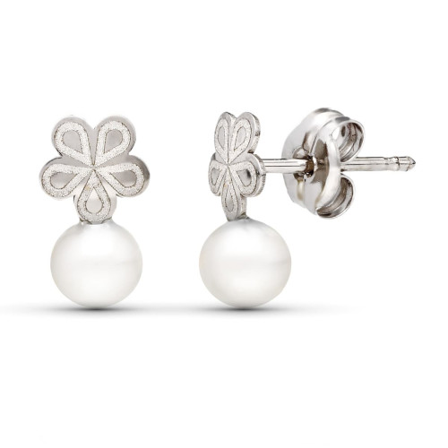 18K PENDIENTES ORO BLANCO PERLA 9X5 MM CIERRE PRESION