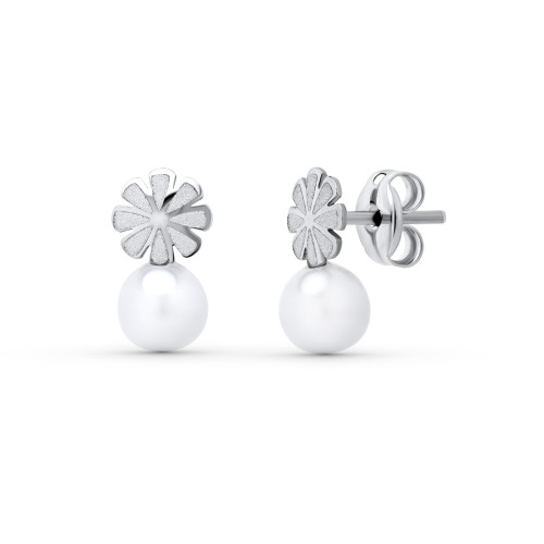 18K PENDIENTES ORO BLANCO PERLA 9X5 MM. CIERRE PRESION