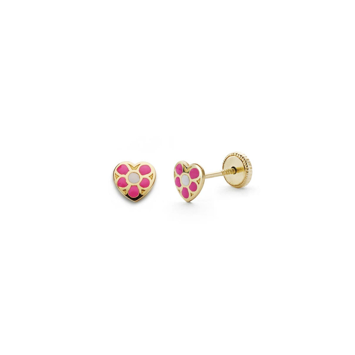 18K PENDIENTES ORO AMARILLO CORAZON ROSA 5X5 MM CIERRE TUERCA