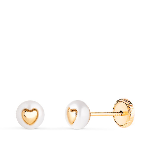 18K PENDIENTES ORO AMARILLO PERLA CON INTERIOR DE CORAZON. MEDIDA: 5 MM. CIERRE TUERCA