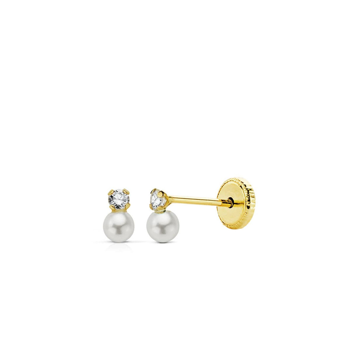 18K PENDIENTES ORO AMARILLO PERLAS CON CIRCONITA 5X3 MM. CIERRE TUERCA