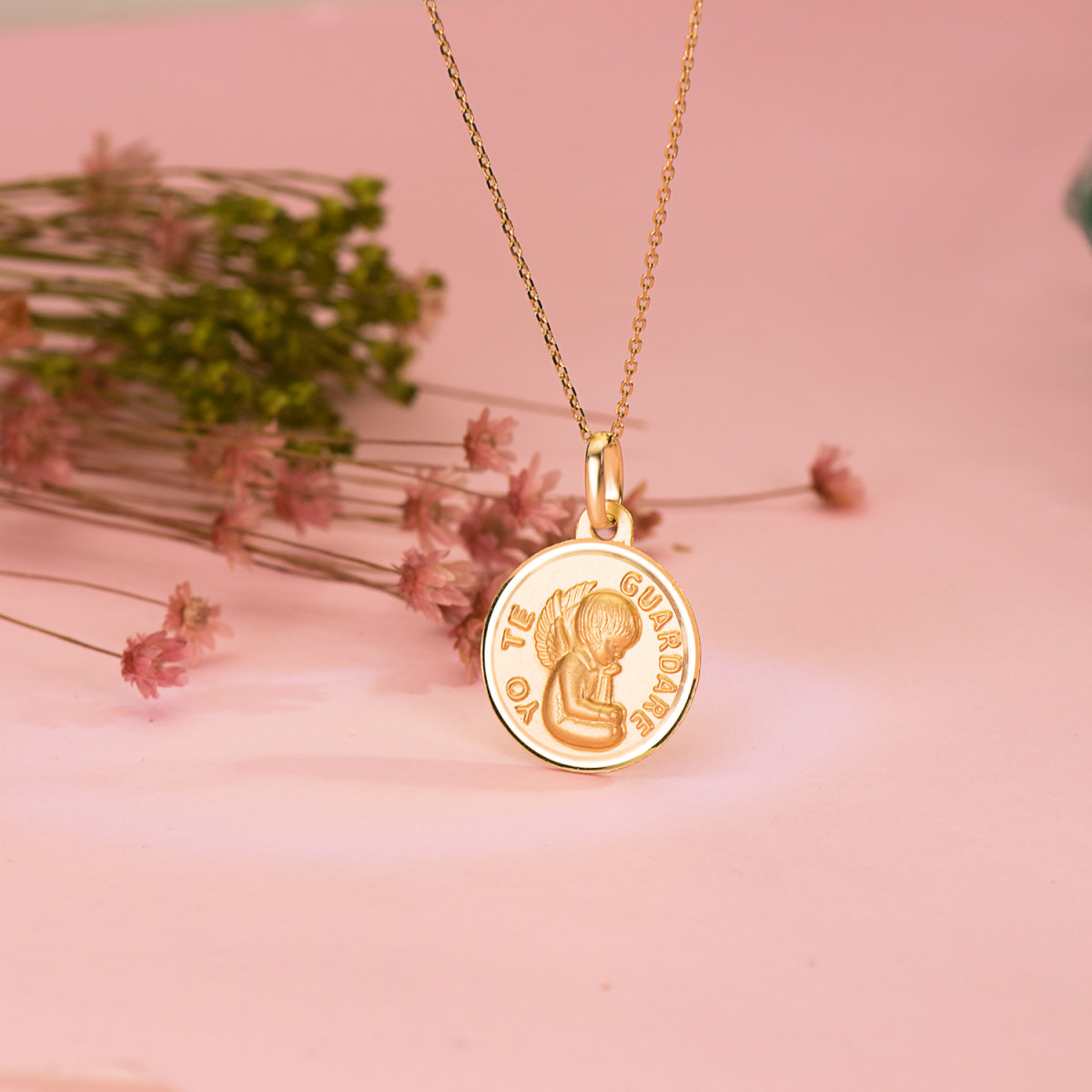 18K MEDALLA ORO AMARILLO ANGEL " YO TE GUARDARE " BISEL 16 MM