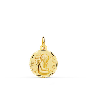 18K MEDALLA ORO AMARILLO ANGELITO "YO TE CUIDARE" TALLADA. MEDIDA: 14 MM