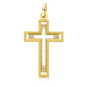 18K CRUZ ORO AMARILLO SIN CRISTO TALLADA 28X17 MM