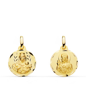 9K ESCAPULARIO ORO AMARILLO TALLADO VIRGEN DEL CARMEN CORAZON DE JESUS 14 MM