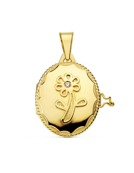18K COLGANTE GUARDAPELO DIJE PORTAFOTOS ORO AMARILLO FLOR CIRCONITA 22X19 MM