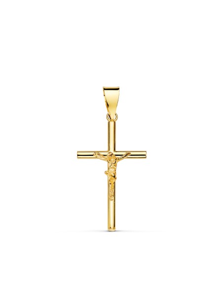 18K CRUZ ORO AMARILLO CON CRISTO TUBO HUECO 21 X 13 X 3 MM