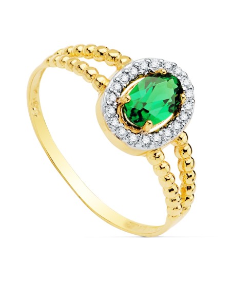 18K SORTIJA ORO BICOLOR ESMERALDA RECRISTALIZADA 6 X 4MM CON CIRCONITAS. ANCHO: 9,5 MM
