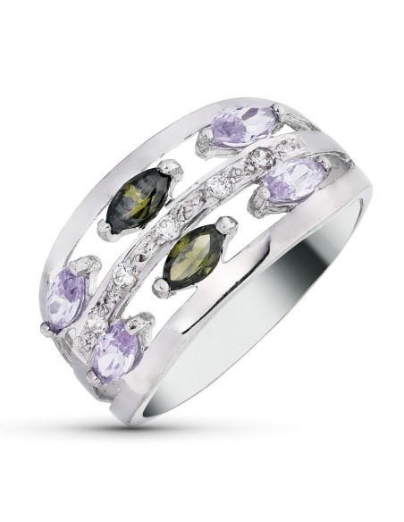18K SORTIJA ORO BLANCO CIRCONITAS COLOR OLIVINA Y MALVA TALLA MARQUISE. ANCHO: 11 MM
