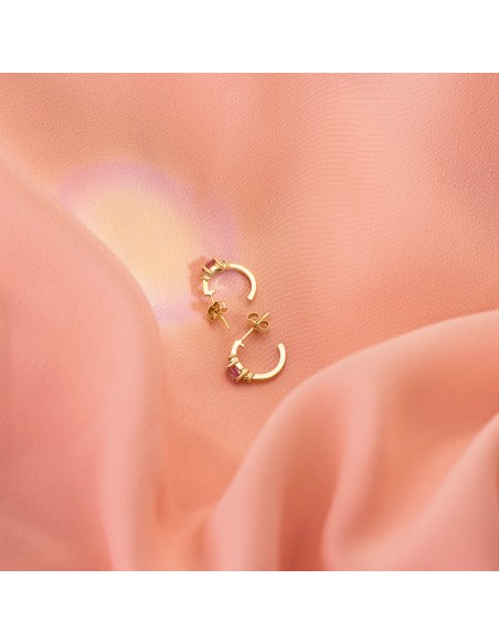 18K PENDIENTES ORO AMARILLO MEDIO ARO LISO CON CIRCONITA ROSA 12X3 MM CIERRE PRESION.