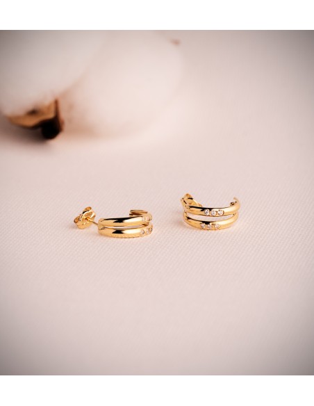 18K PENDIENTES ORO AMARILLO DOBLE ARO BANDAS CON CIRCONITAS, MEDIDA: 13 X 4,5 MM. CIERRE PRESION