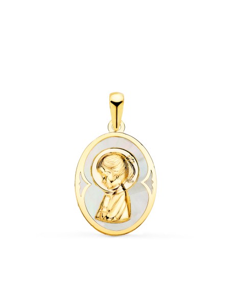 18K MEDALLA ORO AMARILLO OVAL CON NACAR BLANCO Y VIRGEN NIÑA 19X14 MM