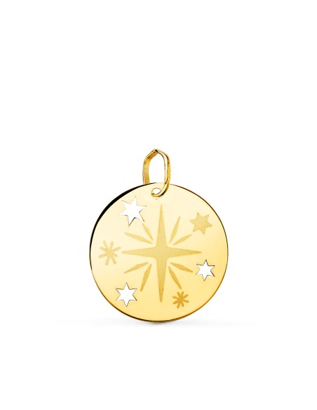 18K COLGANTE AMULETO ORO AMARILLO REDONDO ROSA DE LOS VIENTOS GRABADA EN BRILLO 18 MM