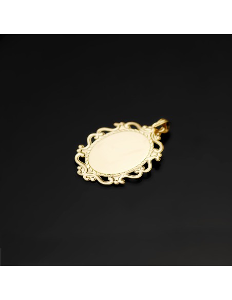 18K MEDALLA ORO AMARILLO VIRGEN NIÑA PERFIL ESMALTE BLANCO Y CERCO CALADO BRILLO 23X16 MM