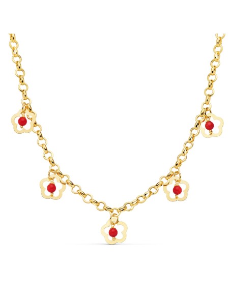 18K COLLAR ORO AMARILLO FLORES 12 MM CORAL CADENA 50CM