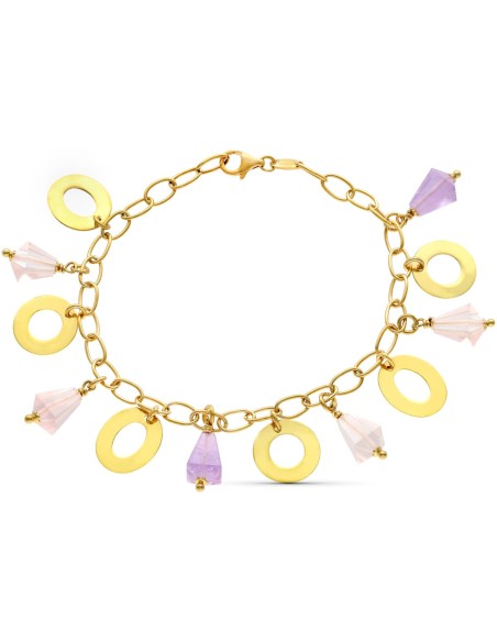 18K PULSERA ORO AMARILLO CIRCULOS Y PIEDRAS DE COLORES.