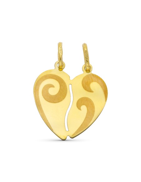 9K COLGANTE ORO AMARILLO CORAZON PARTIDO MATE CON VOLUTAS 17X15 MM