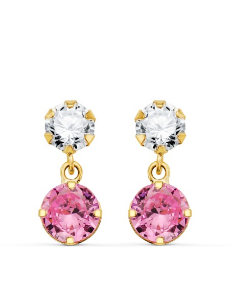 18K PENDIENTES ORO AMARILLO DOS CUERPOS CON CIRCONITA Y PIEDRA ROSA REDONDA 15 X 6MM. CIERRE PRESION