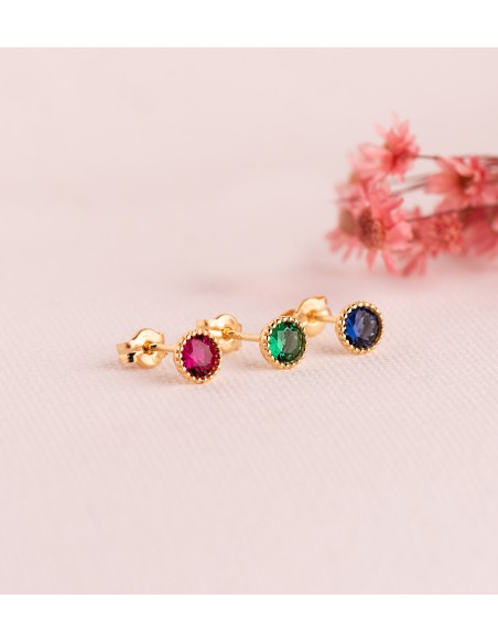 18K PENDIENTES ORO AMARILLO REDONDOS PIEDRA AZUL BORDES BOLITAS. MEDIDA: 5MM. CIERRE PRESION