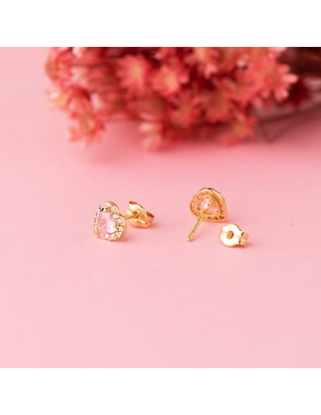 18K PENDIENTES ORO AMARILLO CORAZON CIRCONITA Y PIEDRA ROSA 6,5 X 6,5 MM. CIERRE PRESION